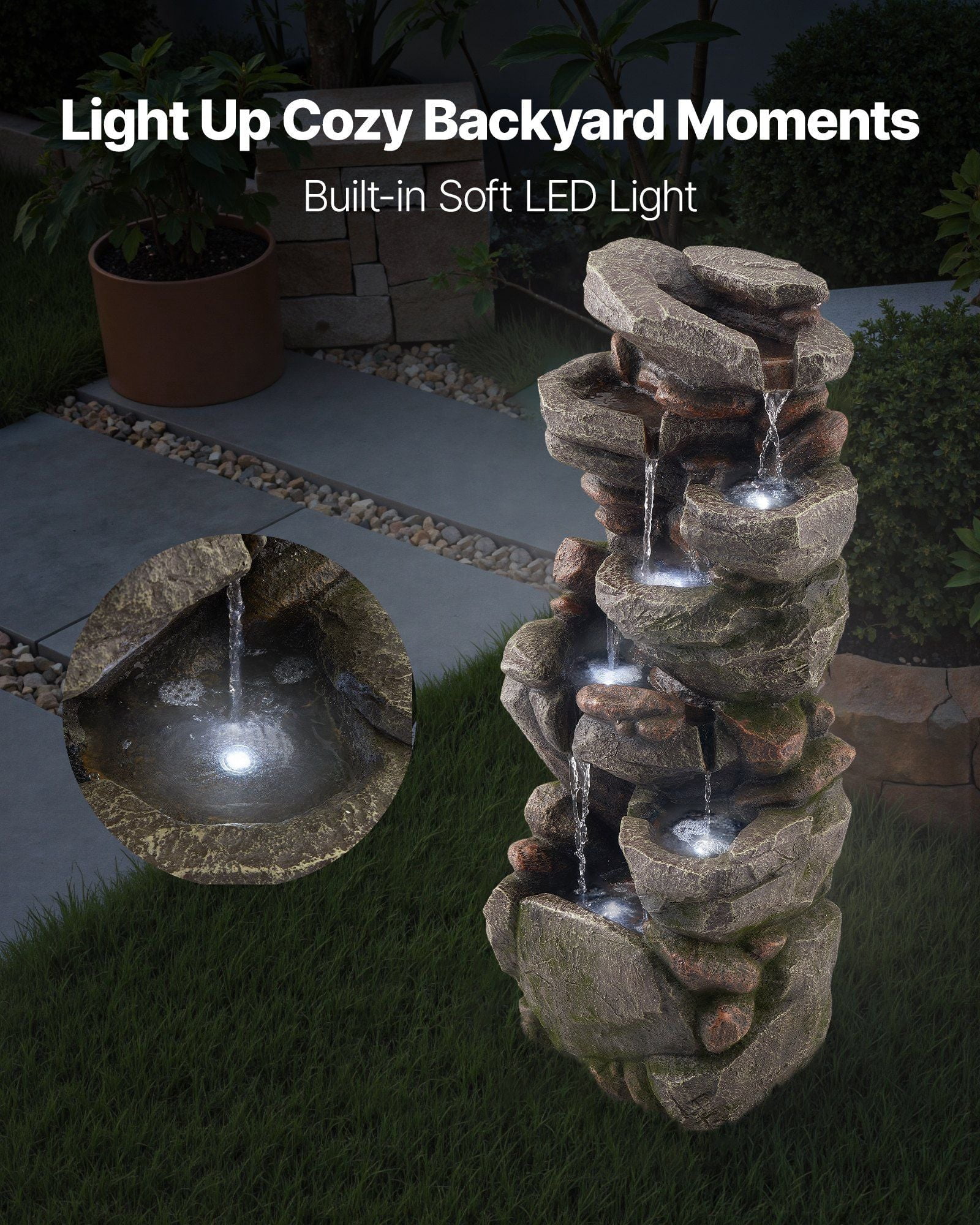 Outdoor Water Fountain 7-Tier Rock-Shaped Cascading 38.98 in Fountains