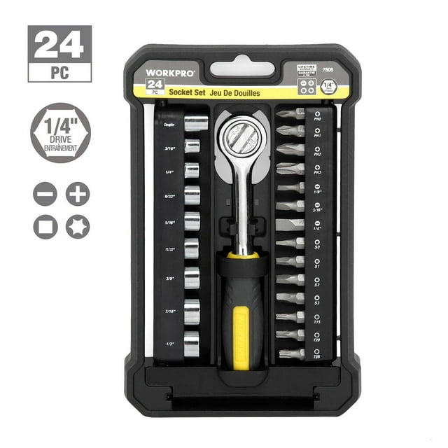 WorkPro 24-Piece 1/4" Drive Socket Set,Ratchet Handle,Screwdriver Bits
