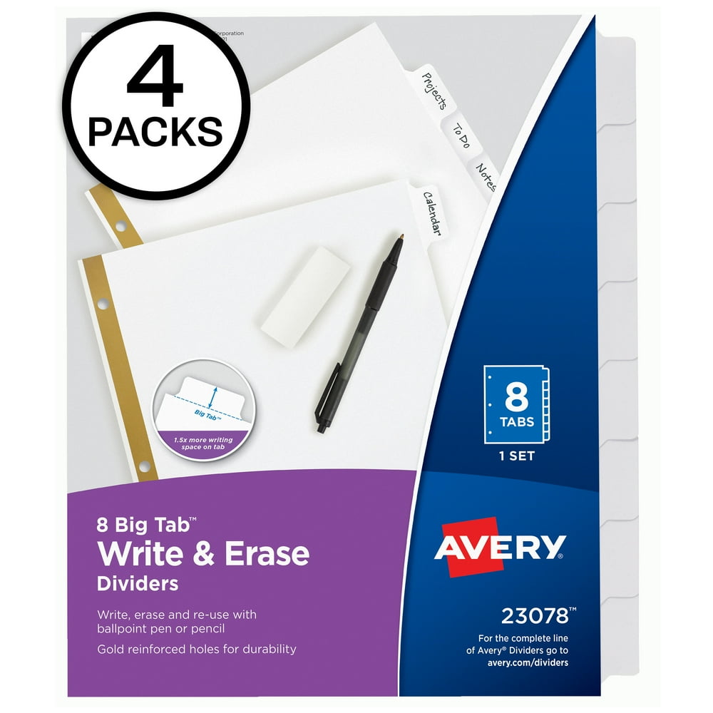 Avery Big Tab Write & Erase Dividers, 8 White Tabs, 4 Sets of 23078