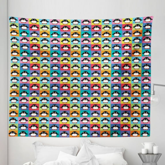 Penguin Tapestry, Rainbow Colored Checkered Squares Pattern with Arctic Animal Cartoon Character, Fabric Wall Hanging Decor for Bedroom Living Room Dorm, 5 Sizes, Multicolor, by Ambesonne