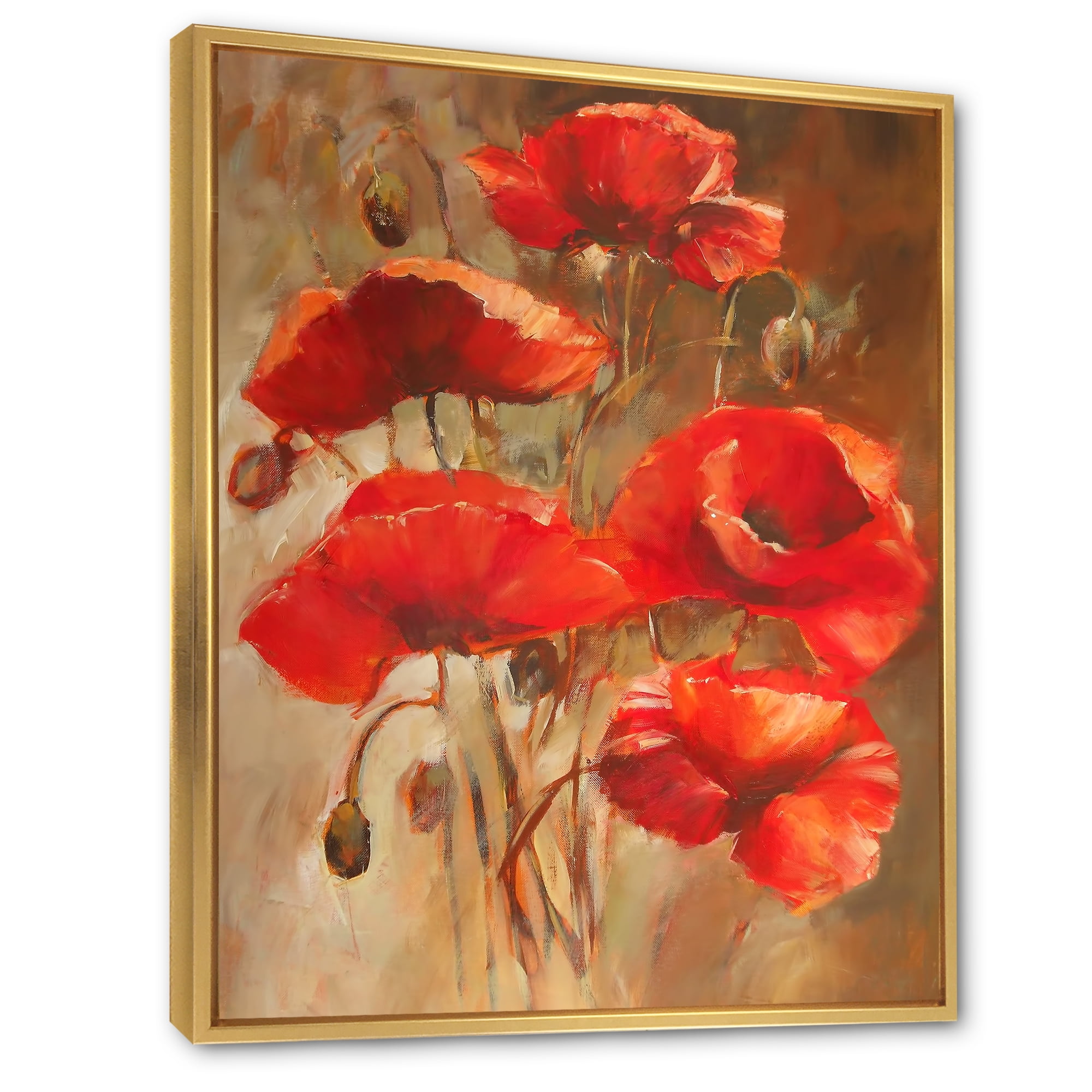 Designart 'Red Blossoming Poppies Over Wild Brown II' Traditional Framed Canvas Wall Art Print