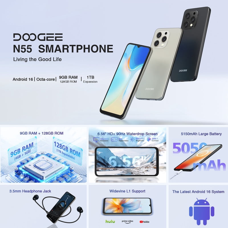 DOOGEE N55 Unlocked Cell Phone, Android 16 Phone,16GB RAM+128GB ROM/1TB Android Phone, 90Hz+6.56" HD,5150mAh, Octa Core, 13MP+8MP, 4G Dual SIM,Face Unlock,Widevine L1,OTG, T-Mobile