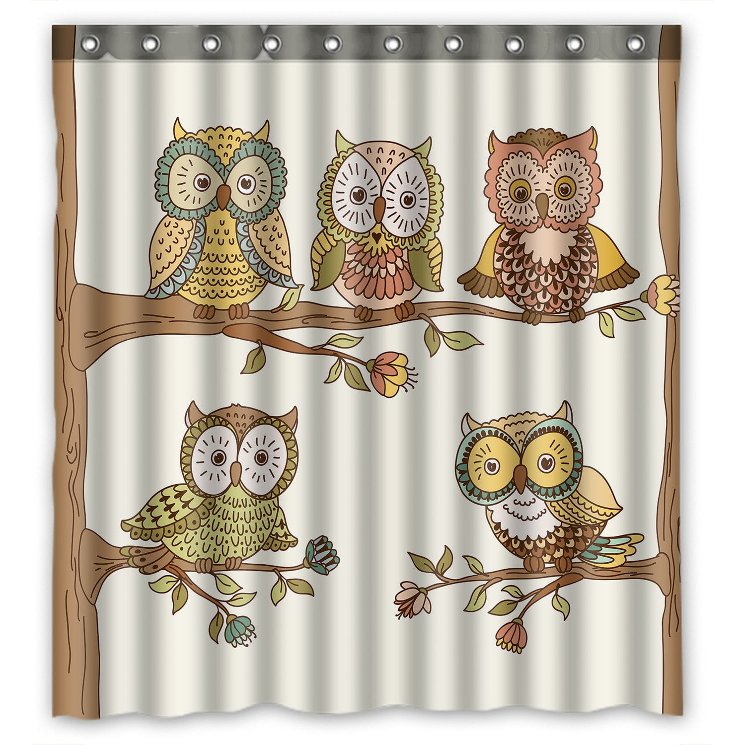 PHFZK Owls Shower Curtain, Cute Owls on Branches Floral Background