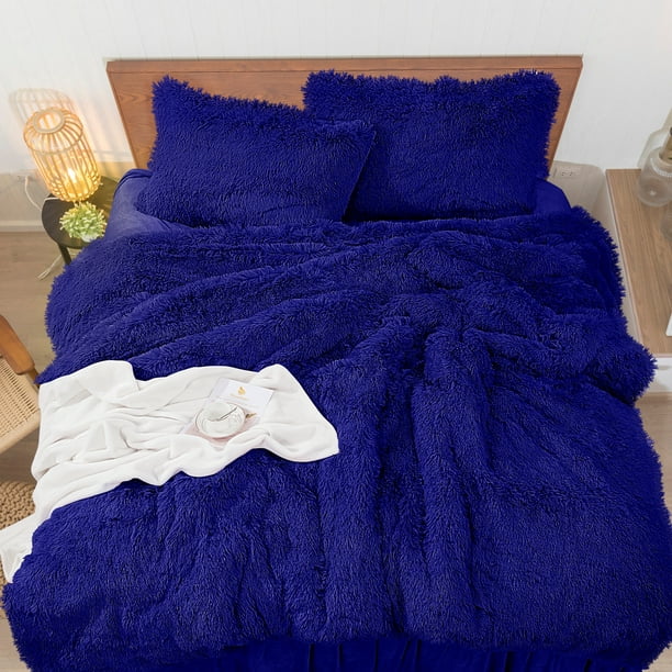 Piccocasa 4 Pieces Soft Faux Fur Velvet, Royal Blue Bedding King