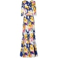 thumbnail image 2 of Bon Rosy, Women's, 3/4 Sleeve V-Neck Printed Maxi Faux Wrap Dress, Navy, S, 2 of 3
