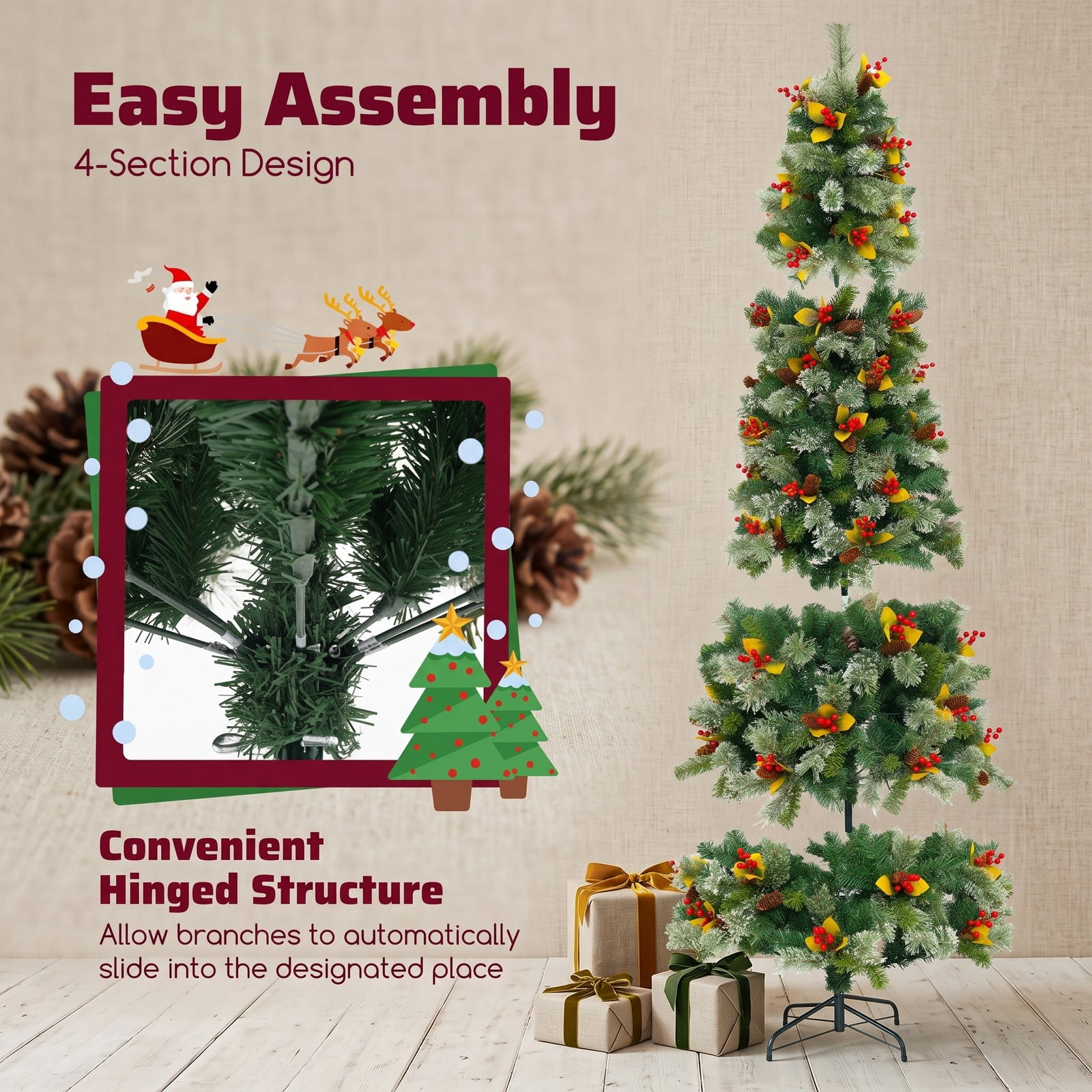 RUIE 9 FT Pre-Lit Artificial Christmas Tree with 1416 Branch Tips, 560 Warm White LED Lights, 8 Lighting Modes and Foldable Metal Stand for Indoor Holiday Decor, Green