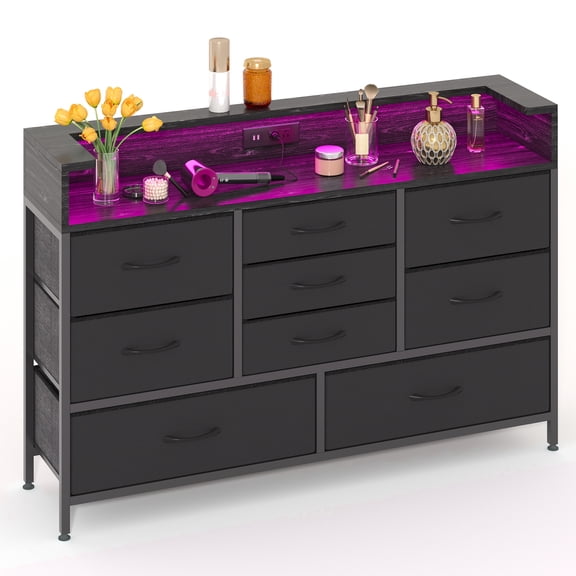 Fairy LED Dresser for Bedroom with 9 Drawers, Charging Station, PU Fabric Finish TV Stand for Living Room, Black