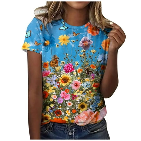 

Shirts for Women Corset Tops for Women Trendy Women s Floral Print Working Uniform Short Sleeve Henley Shirts Round Collar Pocket Tee Blusas Elegantes de Mujer Para Fiesta