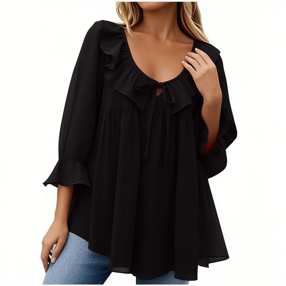 TKLPEHG Women's Blouses Crew Neck Tie Ruffled Pleated Work Shirt Loose Solid Color Fall Tops Comfy Long Sleeve T Shirt Fashion Casual Lightweight Pullover (Black,S)