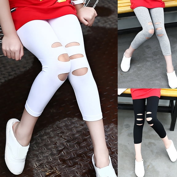 Girls High Waist Leggings Cutout Ripped Elastic Waist Capri Pants Stretchy Casual Comfy Pant Slim Fit (13-14 Years, White)