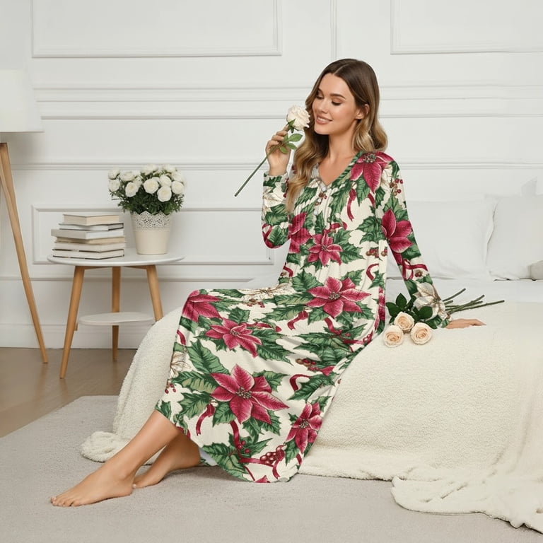SEANATIVE Women's Sleepshirts Long Sleeve Cozy Button Front Nightshirt Long Length Pajama Dress Holiday Night Gown for Sleep Bedtime Home Christmas Party, 4XL, Poinsettia Flower