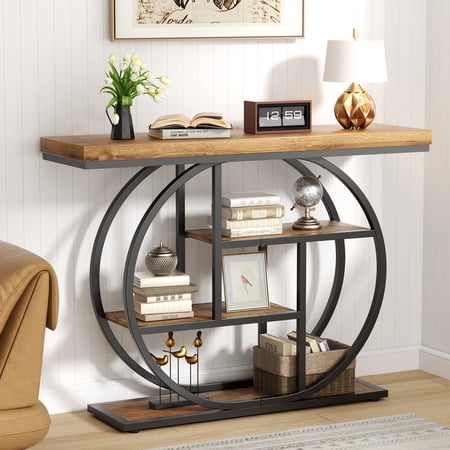 Walsunny 41.3" Industrial Console Table, 4-Tier Entryway Console with Circular Metal Frame, Round Base Sofa Table for Living Room, Rustic Brown