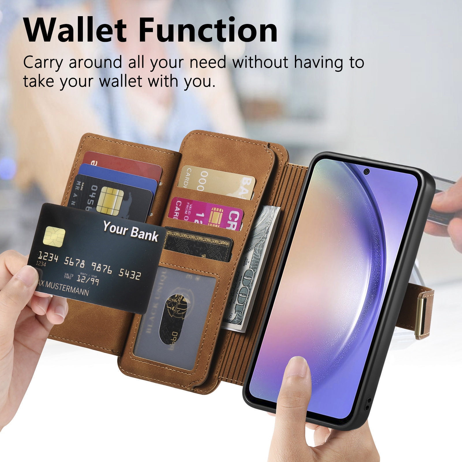 TECH CIRCLE for Galaxy S24 FE 2-in-1 Phone Case 6.7" 2024, Magnetic Back Cover with Removable Flip Wallet Case, with Card Slots/Ring Holder Grip, Compatible with MagSafe, PU Leather Case, Brown