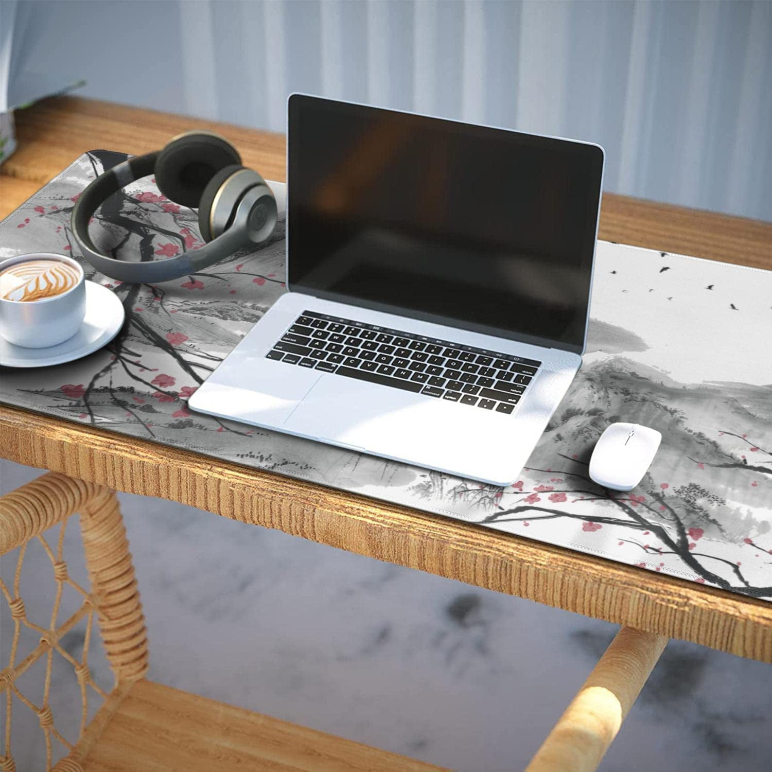 Cherry Blossom Mouse Pad Extended Gaming Mouse Pad (35.4x15.7 in) Large Sakura Non-Slip Rubber Base Desk Protector with Stitched Edges Japanese Full Desk Mousepad XXXL