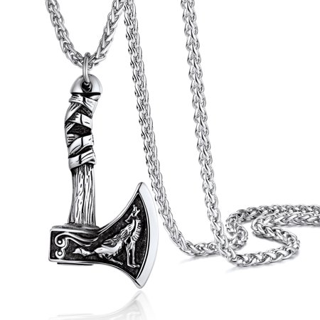 PROSTEEL Viking Thor Axe Talisman Necklace Norse Jewelry for Men Silver Pendant Stainless Steel Chain Cool