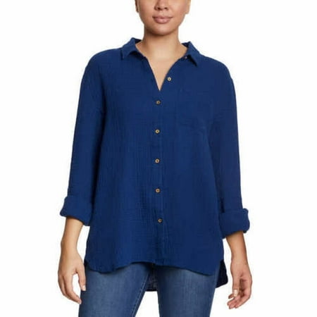 Anne Klein Women's Gauze Button Up Top (Estate Blue, Small)