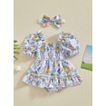 thumbnail image 2 of Biezeib Baby Girl 2 Piece Outfits Fruit/Flower Print Ruched Short Sleeve Romper Dress with Cute Headband Set Summer Clothes, 2 of 6