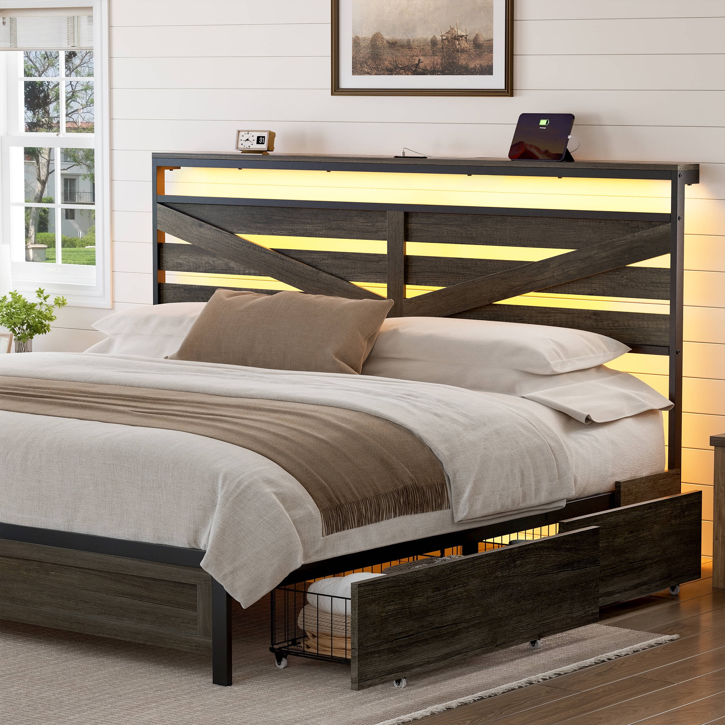 GUNAITO King Bed Frame with Storage Headboard & 4 Drawers, Dark Gray Industrial Metal Platform Bed with Charging Station and LED