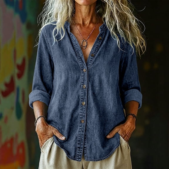 Valufy Women's Collarless Denim Shirt, V-Neck Long Sleeve Button Down Blouse, Loose Fit Casual Chambray Top for Layering