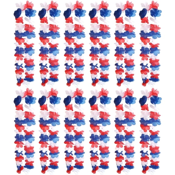 24 Pack Patriotic Leis Red White and Blue Flower Leis, 4th of July Garlands Hawaiian Luau Flower Necklaces Bulk for Fourth of July, Memorial Day, Independence Day Decorations Party Favors