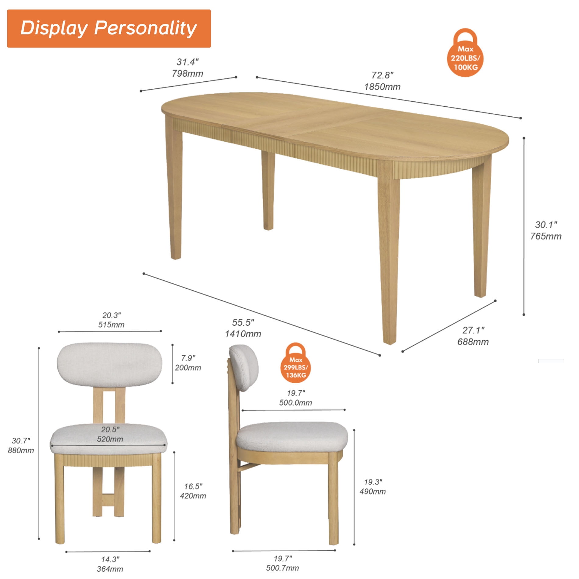 7 Piece Modern Dining Table Set, 73" Solid Wood Oval Dining Table with 6 Polyester Chairs, Dining Set with Fluted Apron for Kitchen & Dining Room