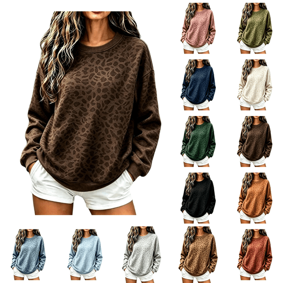 Oversized Sweatshirt for Women Leopard Printed Crewneck Long Sleeve Casual Fleece Tops Graphic Hoodies Pullover Sweater