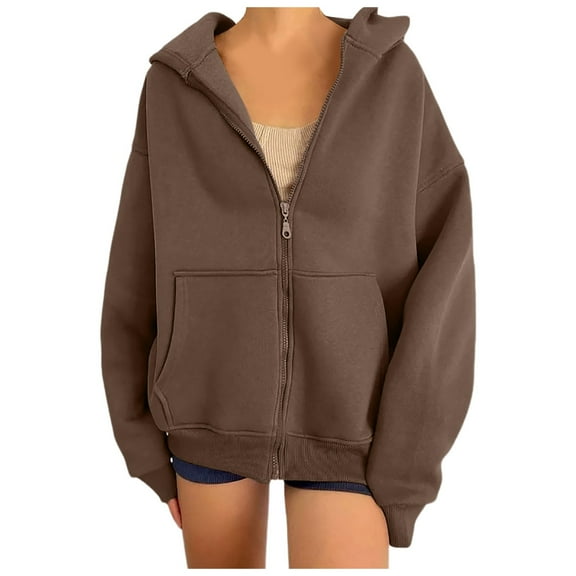 Women's Winter Zip Up Hoodie Jacket, Long Sleeve Loose Fit Pullover with Pocket, Casual Open Front Hooded Sweatshirt Outerwear Brown,S