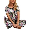 thumbnail image 6 of Franhais Women's 2 Piece Lounge Set Short Sleeve Tops +  Solid Color/Floral Pants Sleepwear Sets, 6 of 7