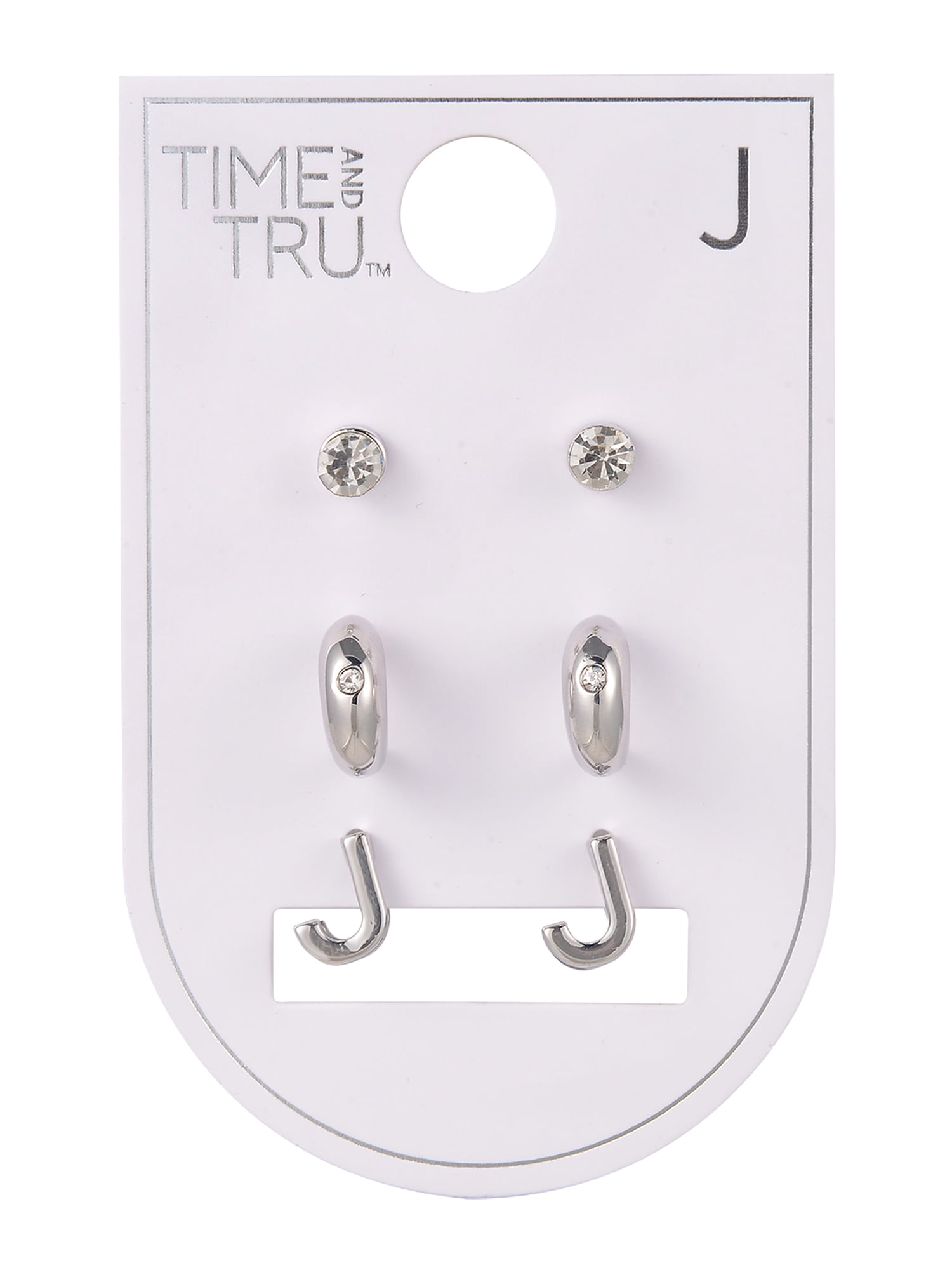 Time and Tru Silvertone 3-On Crystal Stud, Hoop, Initial "J" Earring Set