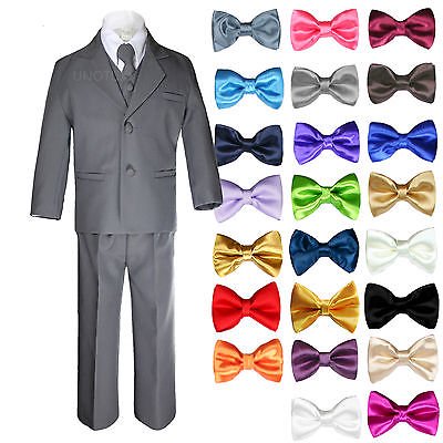 6pc Boys Kids Teen Formal Wedding Party Tuxedos Dark Gray Suits Bow Tie Set 8-20