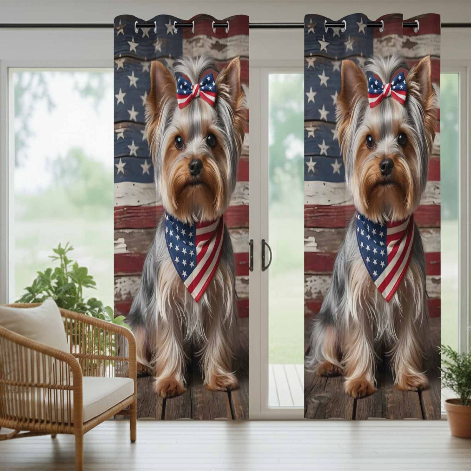 Patriotic Yorkshire Terrier Outdoor Curtains for Patio, Independence Day Retro American Flag Sunshade Privacy Drapes Grommet Waterproof Outside Curtains for Porch/Cabana/Balcony 54"x 108", 1 Panel