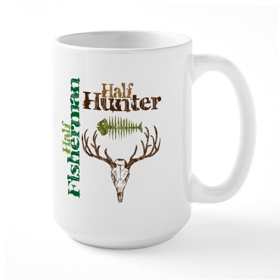 CafePress - Half Fisherman. Half Hunter. Large Mug - 15 oz Ceramic Large White Novelty Mug