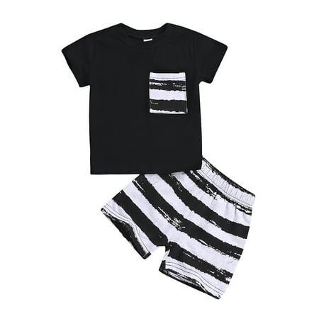

Musuos Baby Boy 2 Pieces Outfit Black T-shirt Short Sleeve Tops with Pocket + Striped Short Pants Summer Set