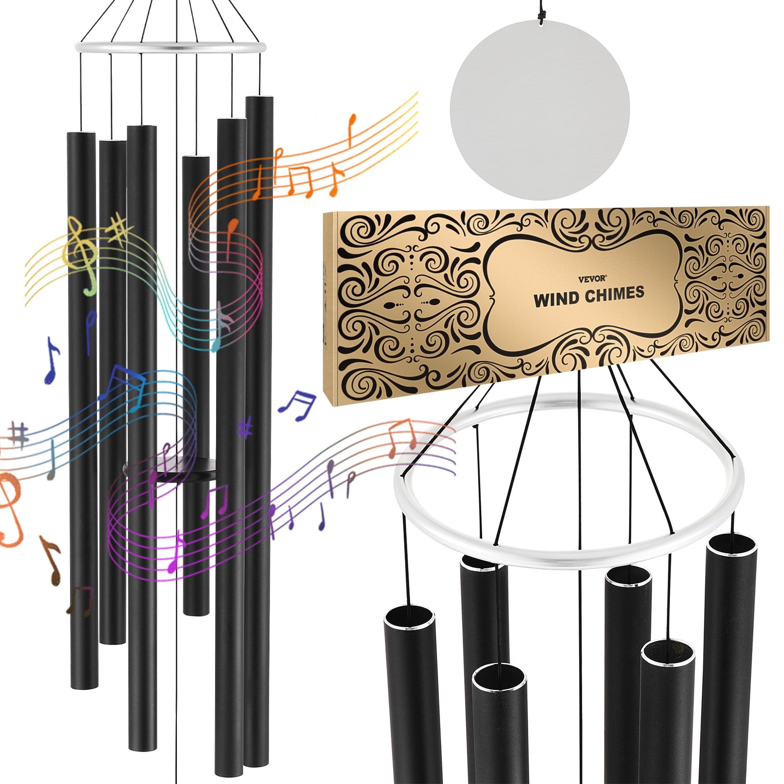 KFFKFF Outdoor Wind Chimes, 66 inches, Richly Toned Wind Chimes with 6 Tubes, Distinctive Large Commemorative Wind Chimes for Anniversary, Remarkable Exterior Adornment for Your Patio,Backyard, Black