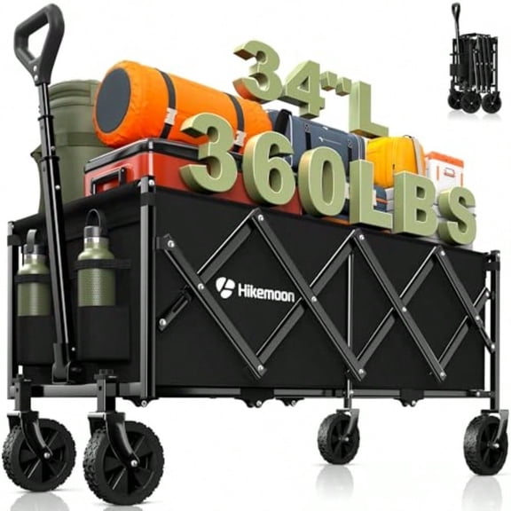 34'' Extra Long Collapsible Wagons Carts Foldable 360LBS Heavy Duty Folding Beach Wagon Cart With Wheels Portable Utility Outdoor Wagon For Grocery Shopping Garden Sports Camping Black