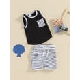 thumbnail image 4 of Aojekbee Toddler Boys Summer Outfits Pocket Sleeveless Tank Tops and Stripe Elastic Waist Shorts 2Pcs Clothes Set, 4 of 10