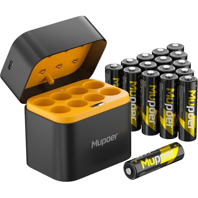 16 Pack Rechargeable AA Lithium Batteries with Charger,3600 mWh 1.5V Double A Batteries High Capacity,Long Lasting Rechargeable AA Li-ion Battery with Integrated Charging Storage Box - Gold
