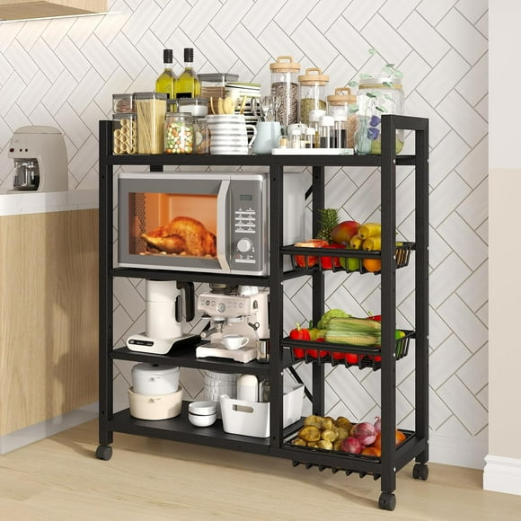 4-Tier Kitchen Shelves, Kitchen Organizers and Storage with 4 Wire Baskets, Metal Shelf Rack with Wheels for Garage, Pantry, Bathroom, Closet, House Warming Gifts New Home
