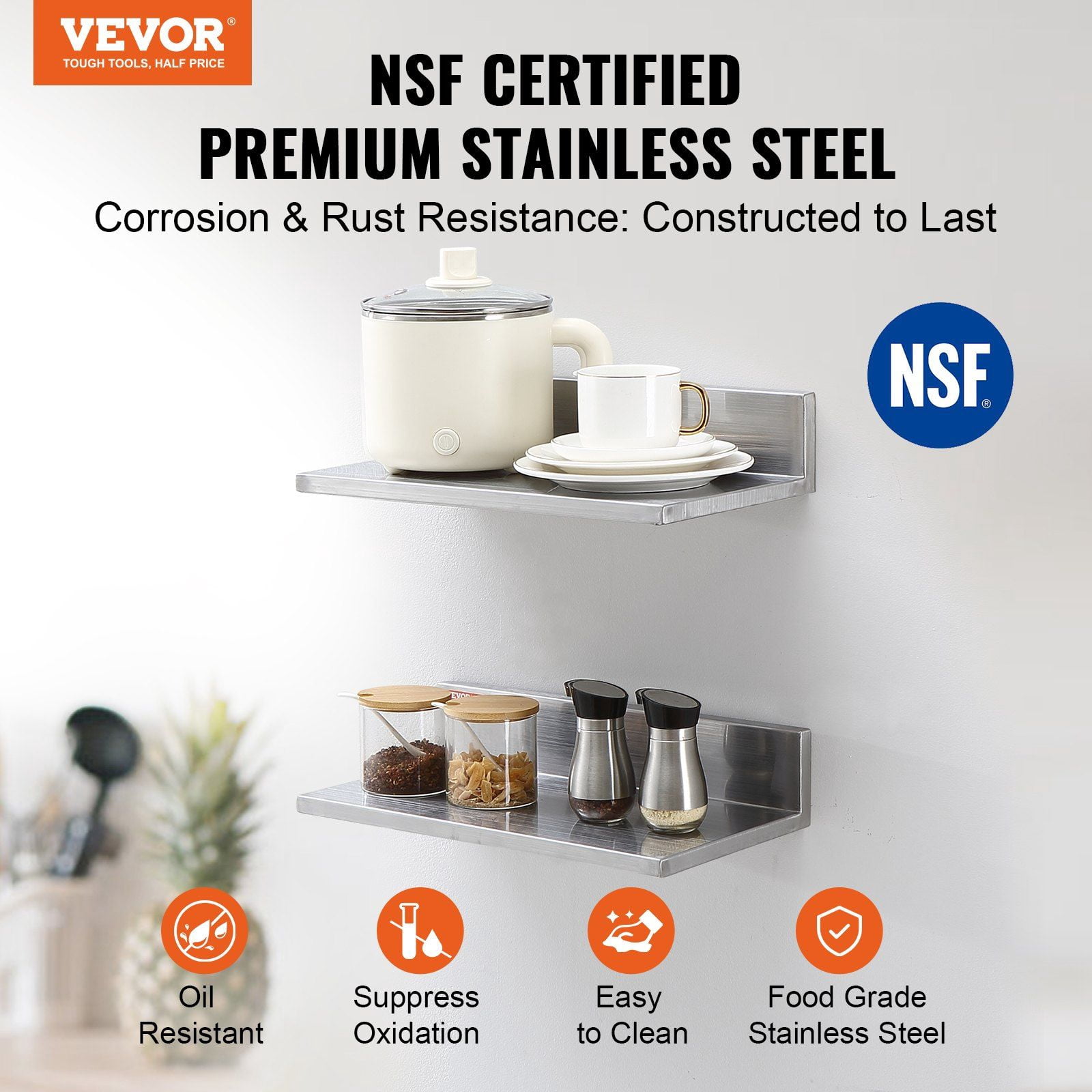 HCY 8.6" x 16" Stainless Steel Shelf, Wall Mounted Floating Shelving with Backsplash, 44 lbs Load Capacity Commercial Shelves, Heavy Duty Storage Rack for Restaurant, Bar, Home, and Hotel (2 Packs)
