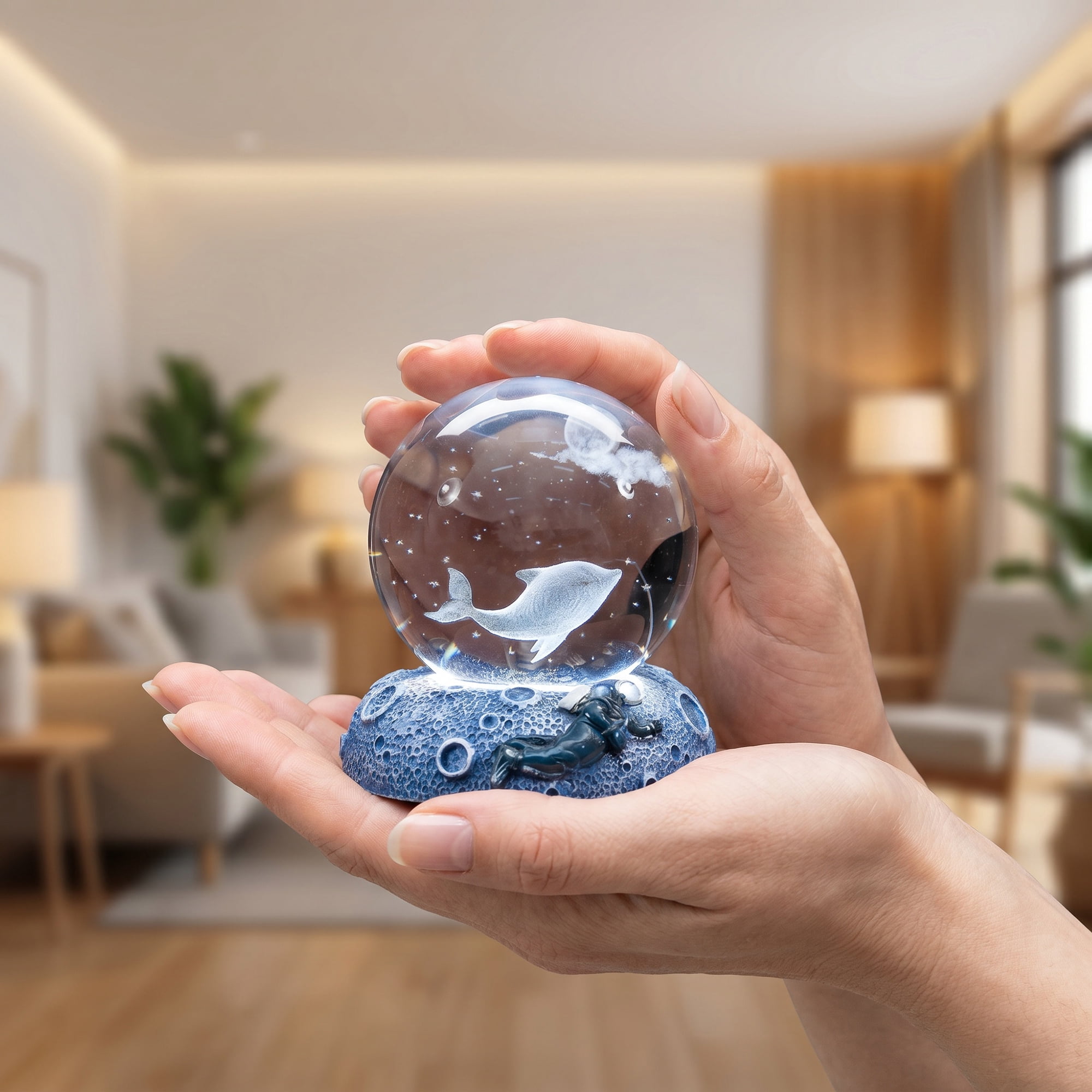 Unique Bargains Glowing Crystal Ball 3D Glass Ornament with LED Light Base Beige Style B