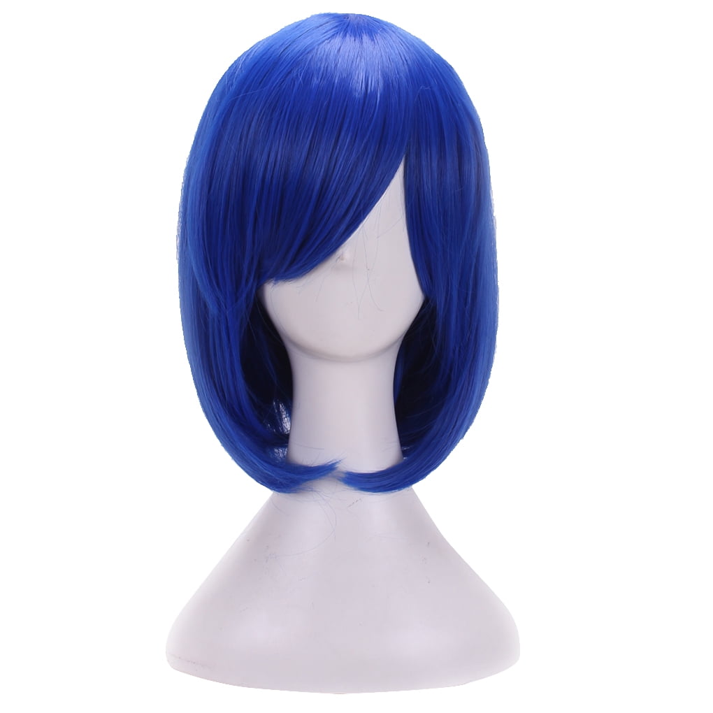 Women Girls Blue Synthetic Wig Cosplay Fake Hair Heat Resistant Straight Short Bob Wigs with Bangs