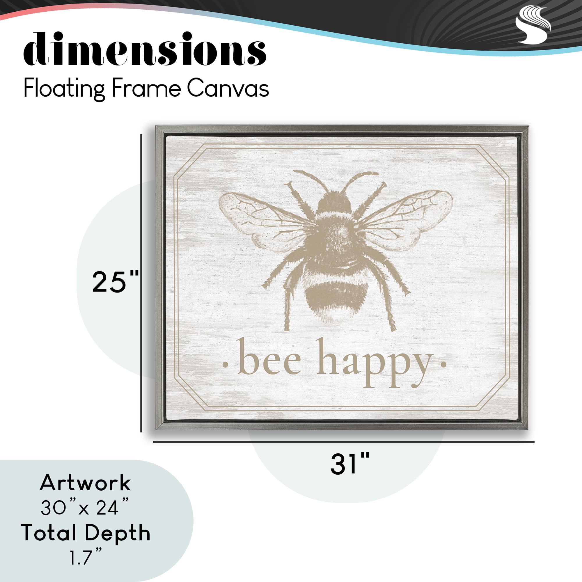 Bee Happy with Rustic Border Gray Framed Floater Canvas Wall Art, design by Lettered and Lined