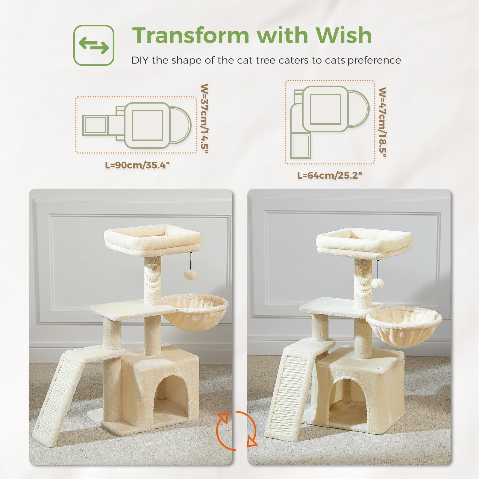 Pefilos 32" Cat Tree Tower, Cute Cat Condo with Sisal Scratching Ramp, Cozy Hammock and Removable Top Bed Perch for Indoor Kittens, Beige