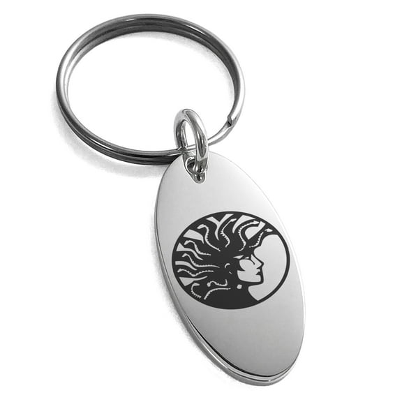 Tioneer Stainless Steel Greek Mythology Medusa Engraved Small Oval Charm Keychain Keyring