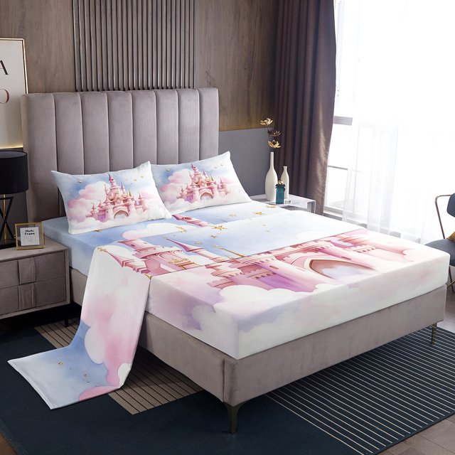 Erosebridal Princess Castle Sheet Set Queen, Light Pink Bedding Sets Queen Size, Cartoon Cloud Star Decor 4-Piece