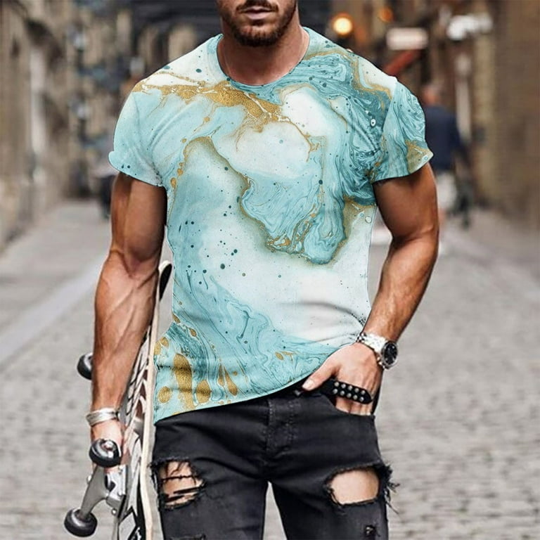 VSSSJ Summer Shirts for Men Athletic Fit Fashion Marble Print Short Sleeve  Round Neck Top Blouse Casual Breathable Workout T-Shirt Light Blue XXXL