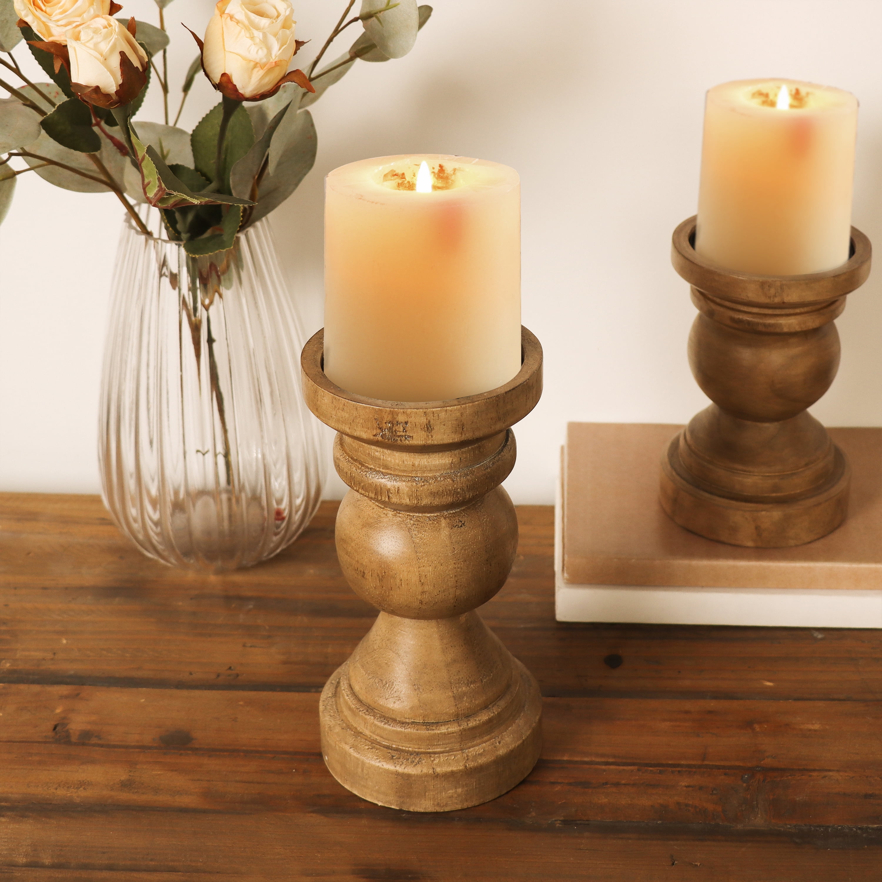 (4 pack) Mainstays Decorative Wood Pillar Candleholder, Teak, 7.8"