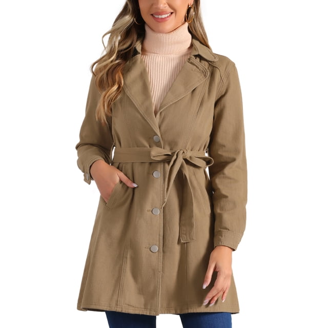 Chaqueta de mezclilla larga con cinturón y botones de manga larga con solapa para mujer Inspire Chic S color caqui