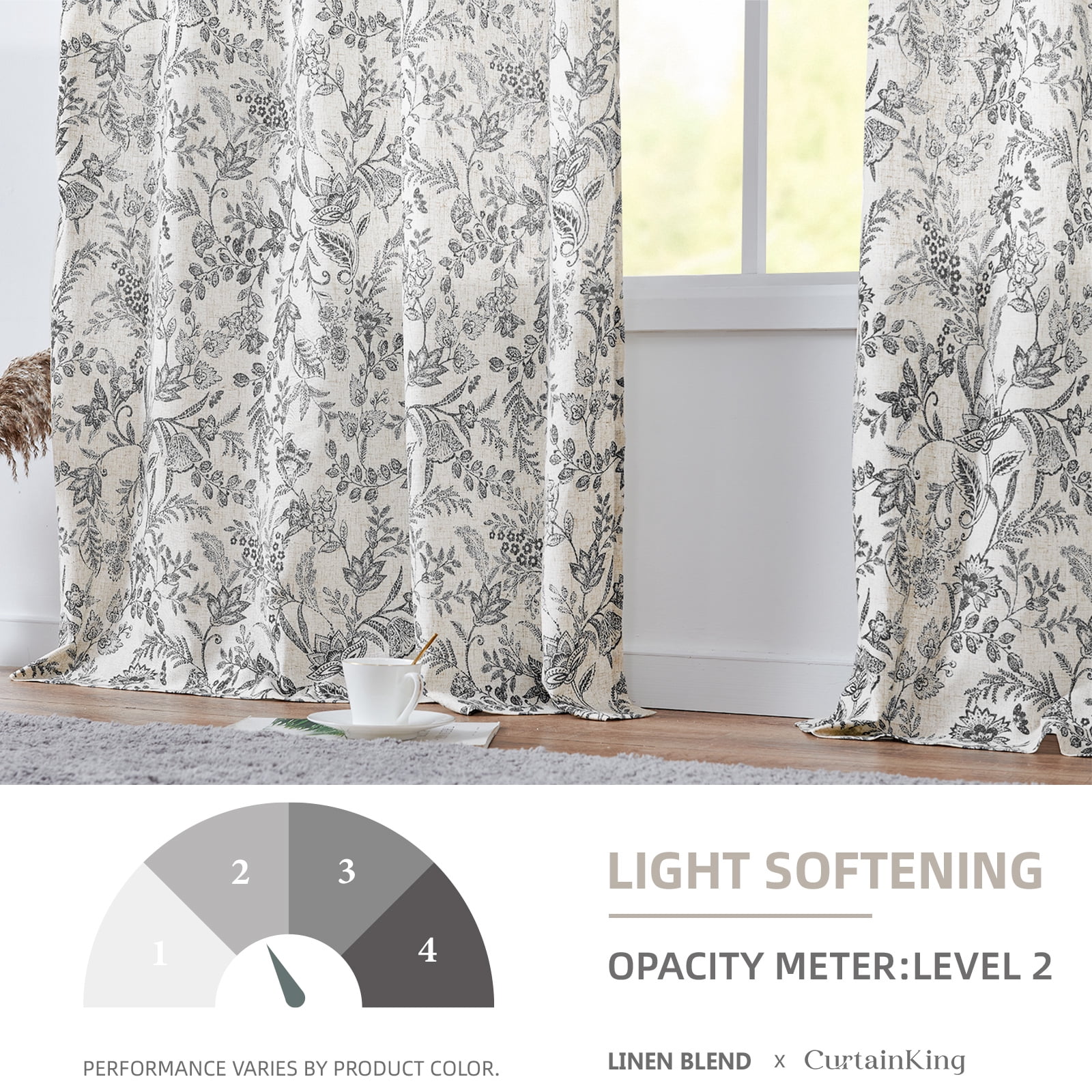 Curtainking Floral Curtains Linen Farmhouse Curtains for Living Room 84 inch Country Curtains Back Tab Semi Sheer Curtains Light Filtering 2 Panels Black on Beige