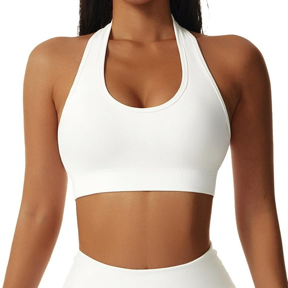 IWRICH Women's Seamless Halter Sports Bra Open Back Padded Workout Crop Tank Tops White S